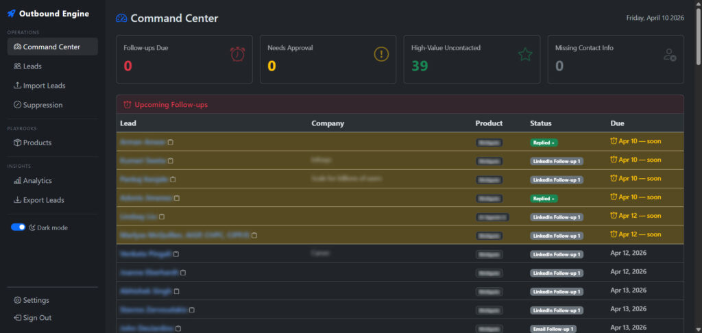 Outbound Engine command center
