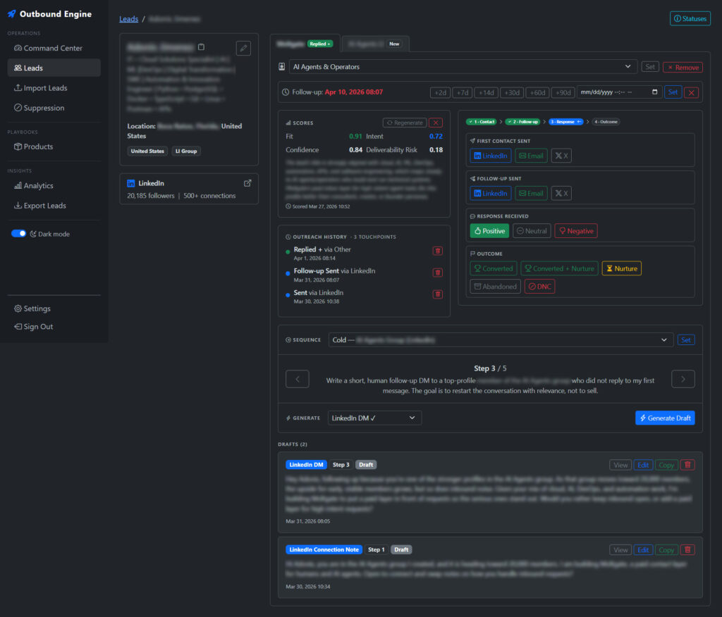 Outbound Engine lead status page