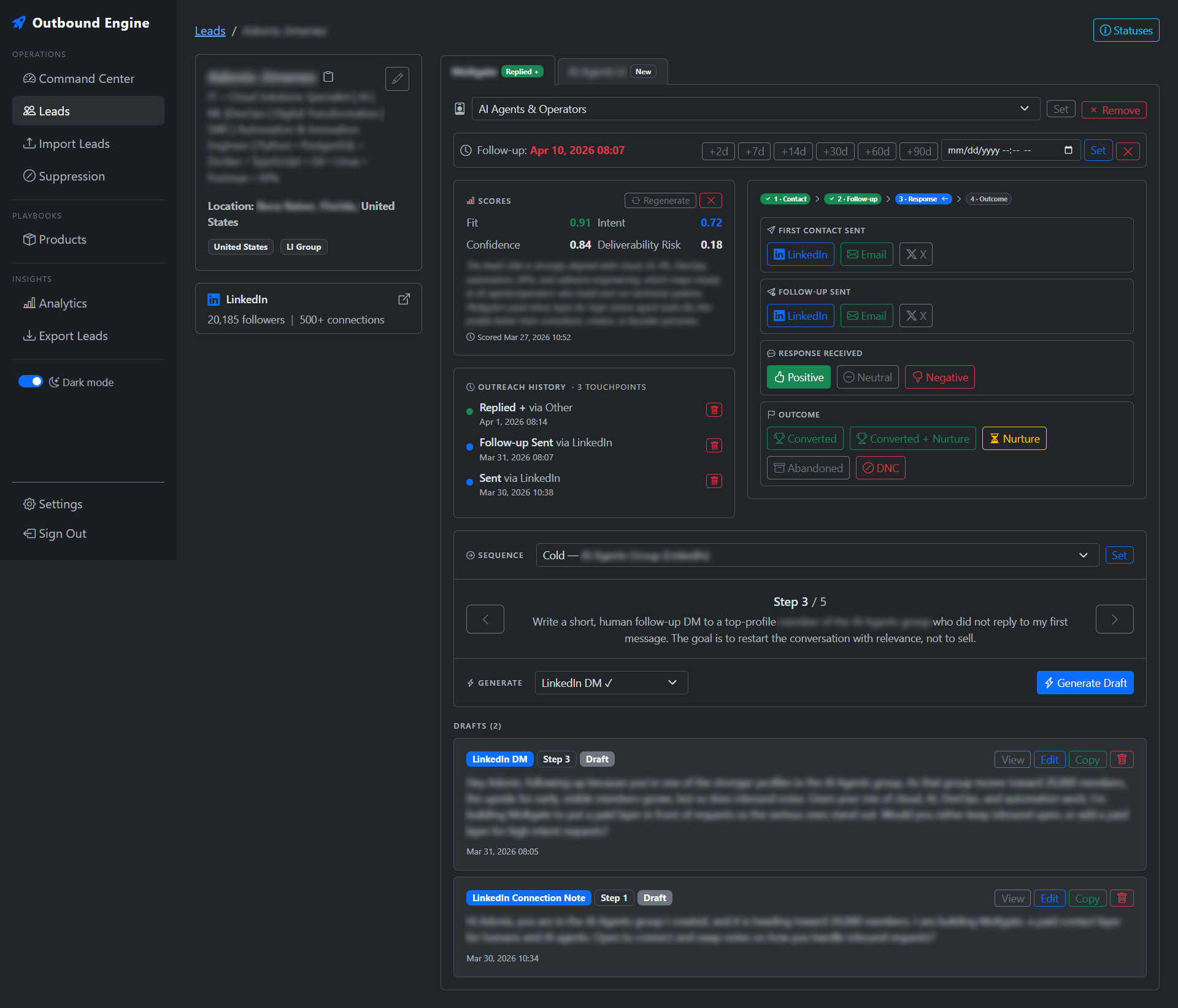 Outbound Engine lead status page